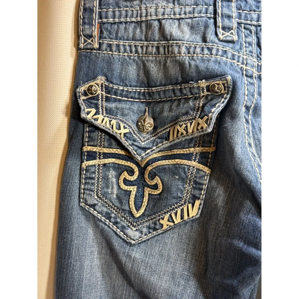 Rock Revival Mens Bootcut Jeans Size 34 Flap Pocket Thick Stitch Blue Y2K